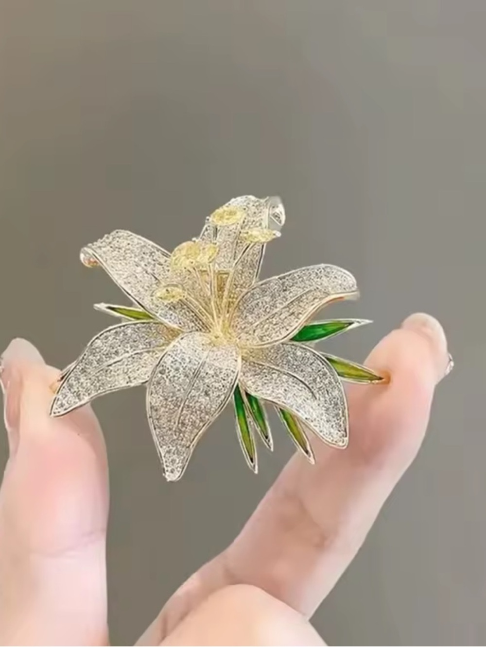 Gold-tone Crystal Lily Brooch with Green Enamel Accents - Picture 5 of 6